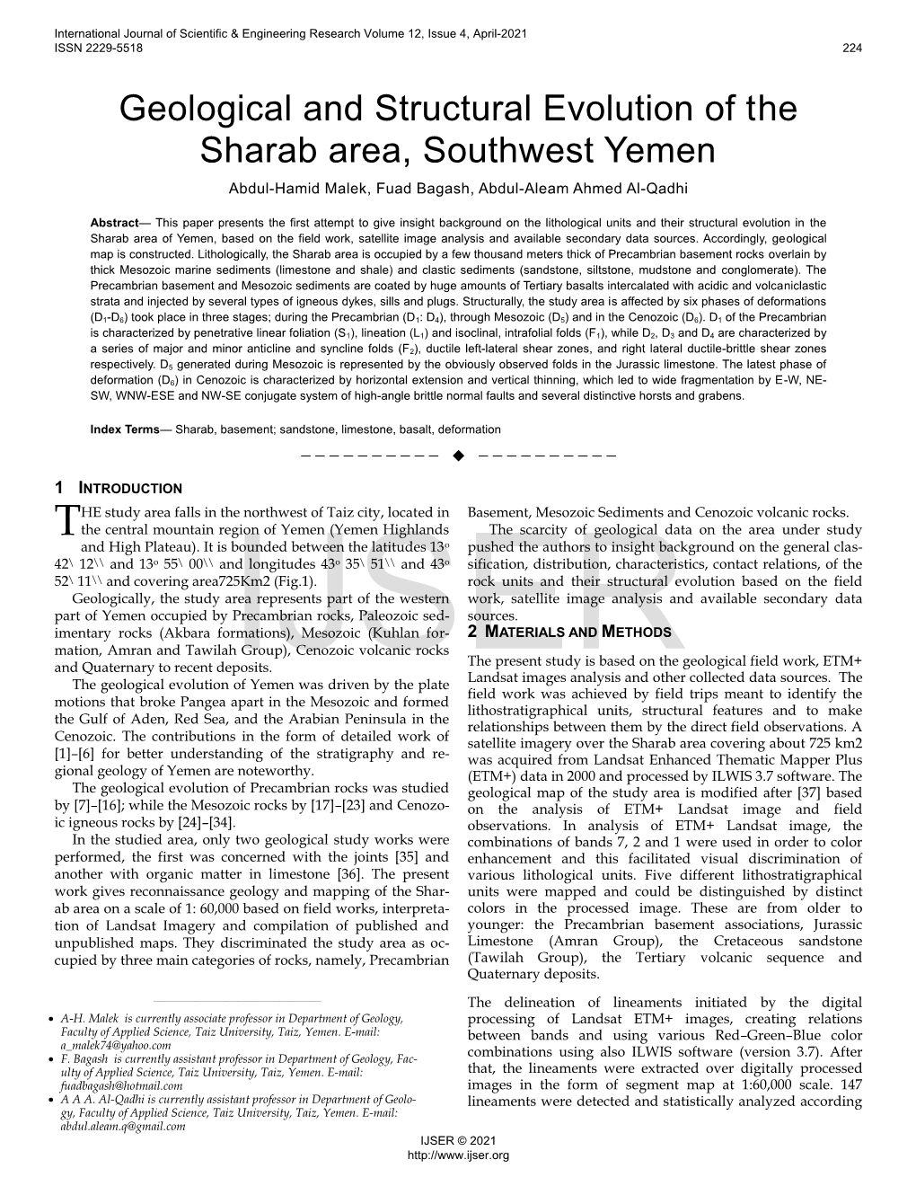 Geological and Structural Evolution of the Sharab Area, Southwest Yemen Abdul-Hamid Malek, Fuad Bagash, Abdul-Aleam Ahmed Al-Qadhi