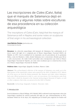 Las Inscripciones De Cales (Calvi, Italia) Que El Marqués De Salamanca Dejó En Nápoles Y Algunas Notas Sobre Esculturas De Es