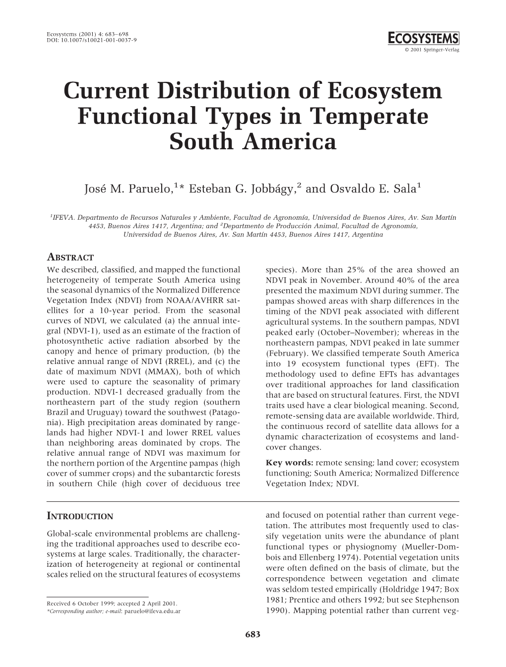 Current Distribution of Ecosystem Functional Types in Temperate South America