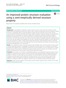 An Improved Protein Structure Evaluation Using a Semi-Empirically Derived Structure Property Manoj Kumar Pal, Tapobrata Lahiri* , Garima Tanwar and Rajnish Kumar