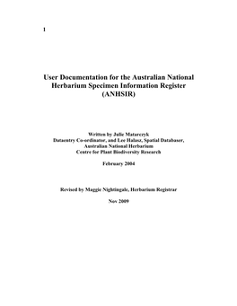 User Documentation for the Australian National Herbarium Specimen Information Register (ANHSIR)