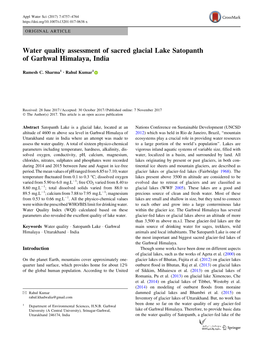 Water Quality Assessment of Sacred Glacial Lake Satopanth of Garhwal Himalaya, India