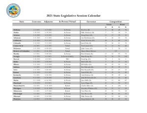 2021 State Legislative Session Calendar