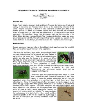 Adaptations of Insects at Cloudbridge Nature Reserve, Costa Rica