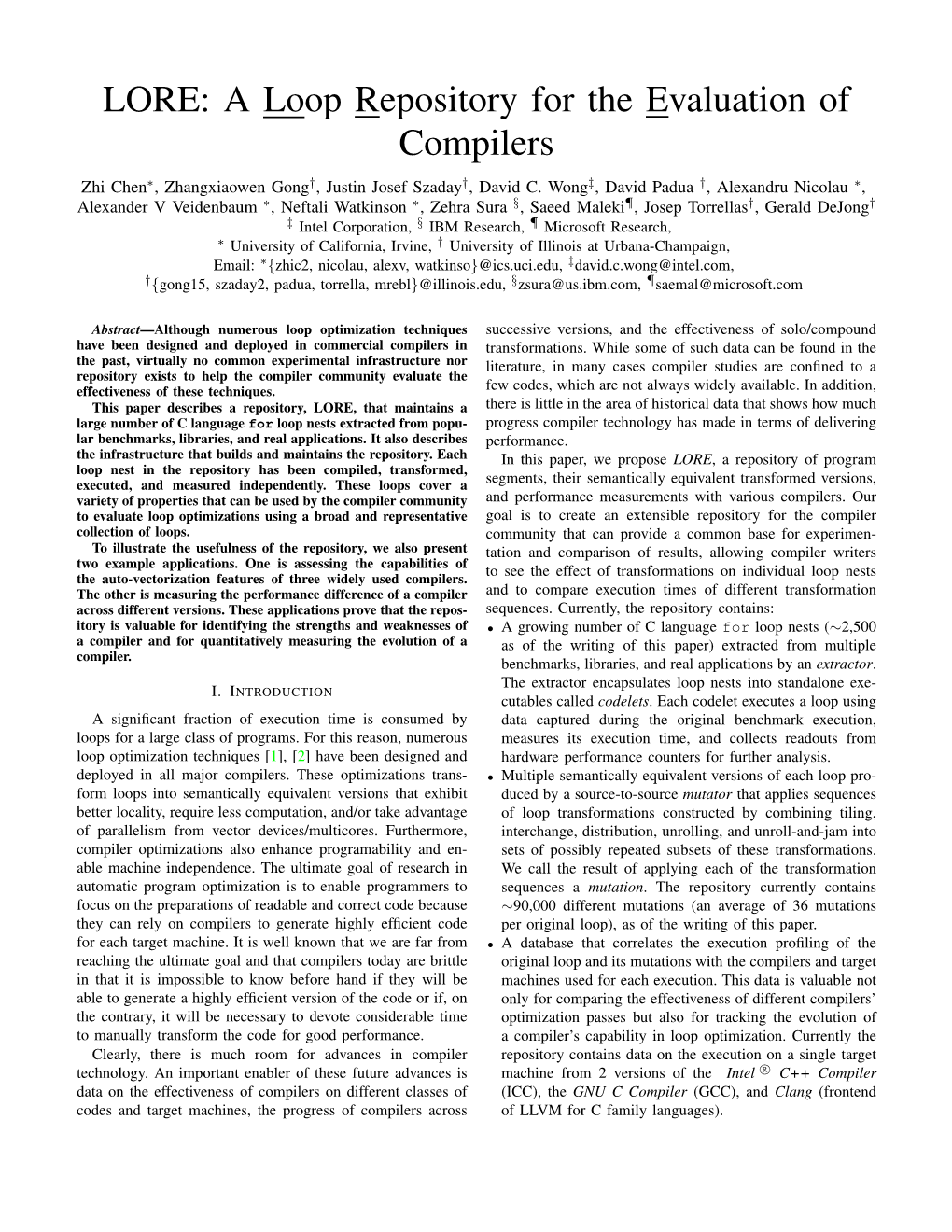 LORE: a Loop Repository for the Evaluation of Compilers Zhi Chen∗, Zhangxiaowen Gong†, Justin Josef Szaday†, David C