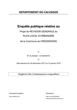 DEPARTEMENT DU CALVADOS Enquête Publique Relative Au