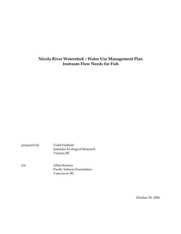 Nicola River Watershed – Water Use Management Plan Instream Flow Needs for Fish