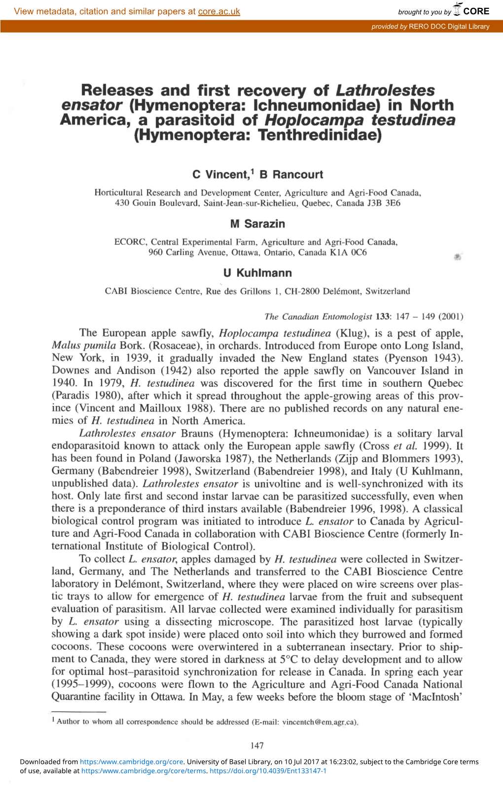 Hymenoptera: Ichneumonidae) in North America, a Parasitoid of Hoplocampa Testudinea (Hymenoptera: Tenthredinidae)