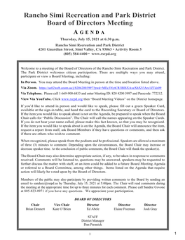 Rancho Simi Recreation and Park District Board of Directors Meeting a GENDA Thursday, July 15, 2021 at 6:30 P.M