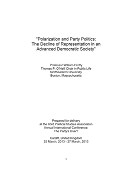 Polarization and Party Politics: the Decline of Representation in an Advanced Democratic Society"