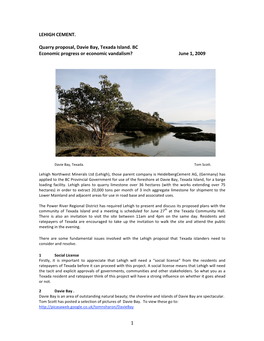1 LEHIGH CEMENT. Quarry Proposal, Davie Bay, Texada Island. BC