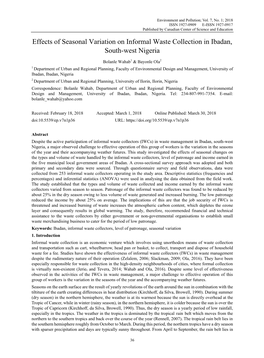 Effects of Seasonal Variation on Informal Waste Collection in Ibadan, South-West Nigeria