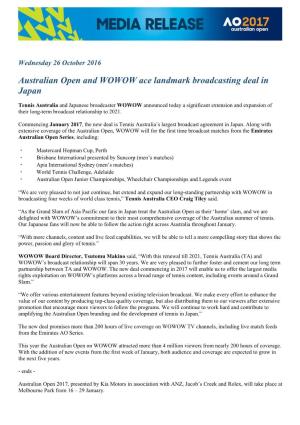 Australian Open and WOWOW Ace Landmark Broadcasting Deal in Japan