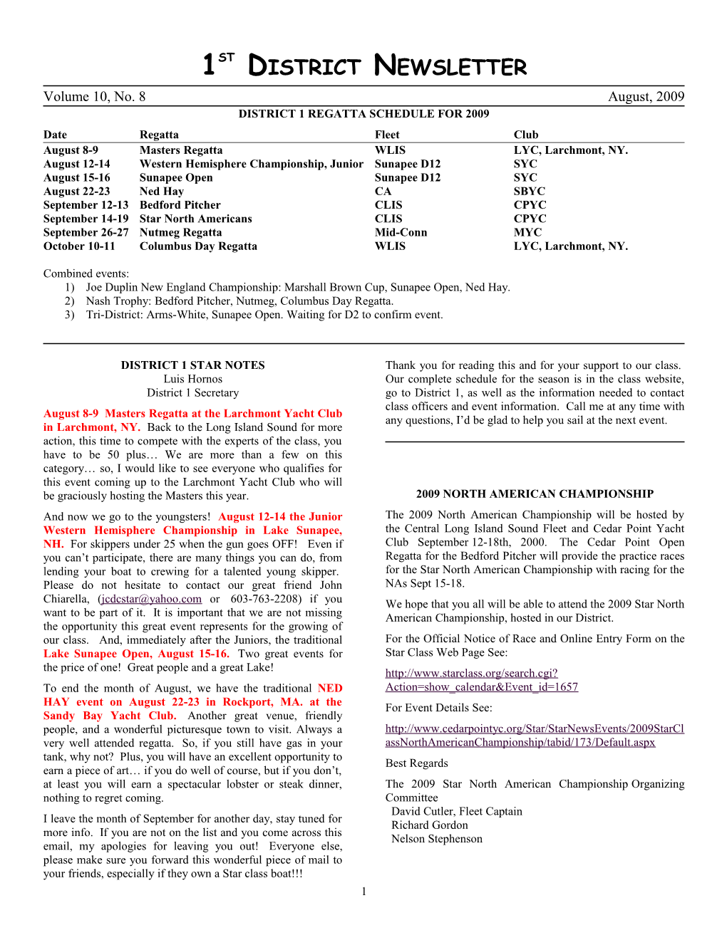 District 1 Regatta Schedule for 2009