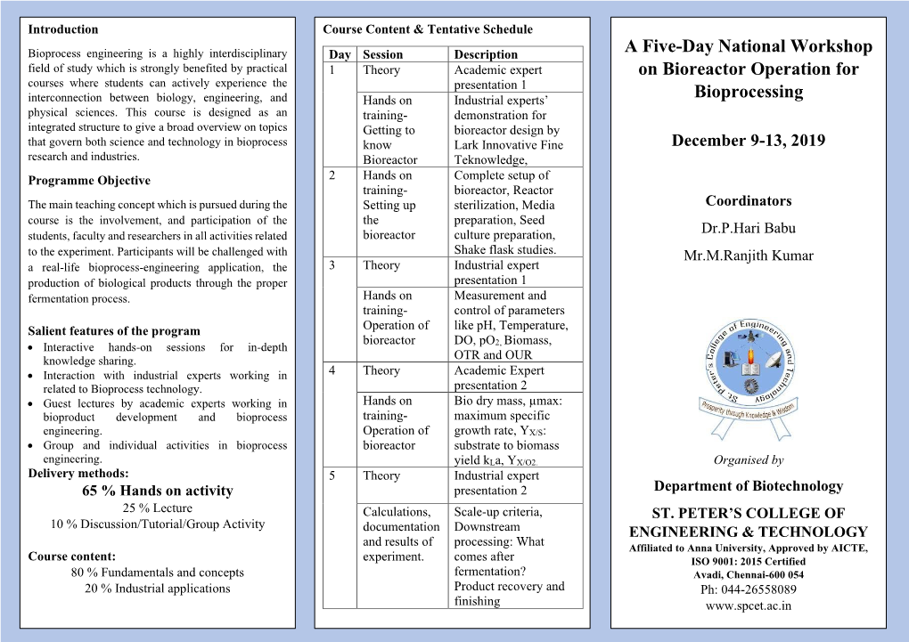 A Five-Day National Workshop on Bioreactor Operation for Bioprocessing