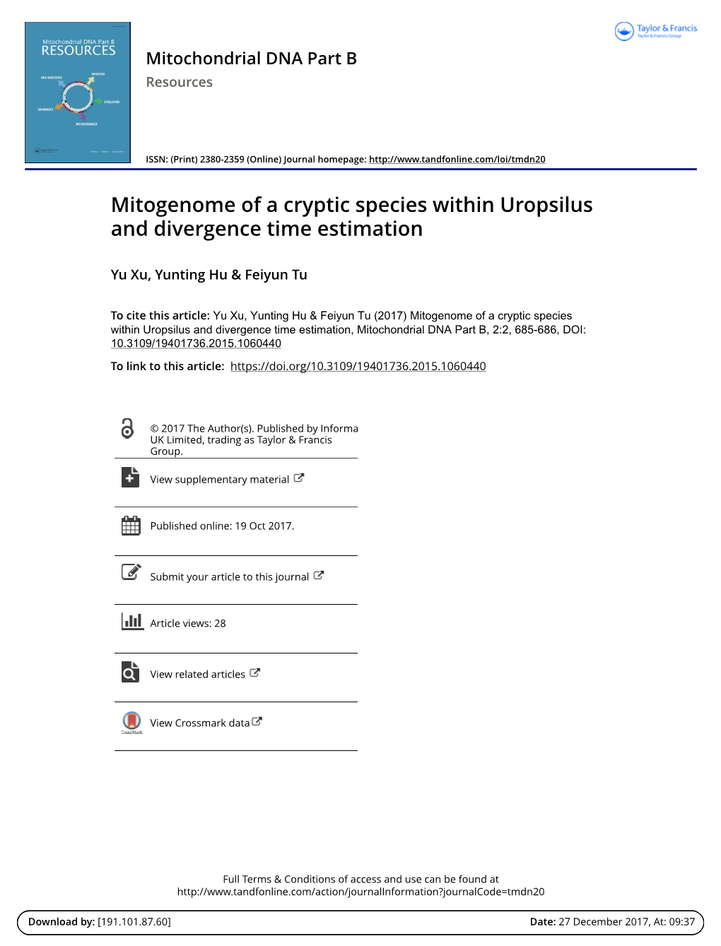 Mitogenome of a Cryptic Species Within Uropsilus and Divergence Time Estimation