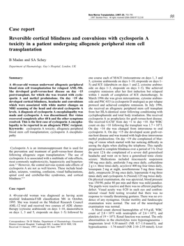 Case Report Reversible Cortical Blindness and Convulsions with Cyclosporin a Toxicity in a Patient Undergoing Allogeneic Peripheral Stem Cell Transplantation