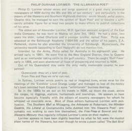 Philip Durham Lorimer: 'The Illawarra Poet' (Cont'd from June Bulletin)