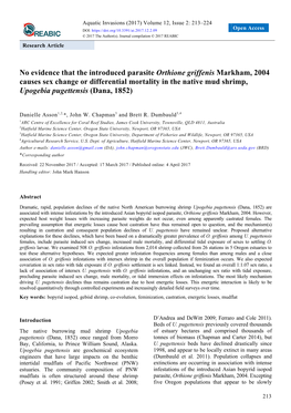 No Evidence That the Introduced Parasite Orthione Griffenis Markham