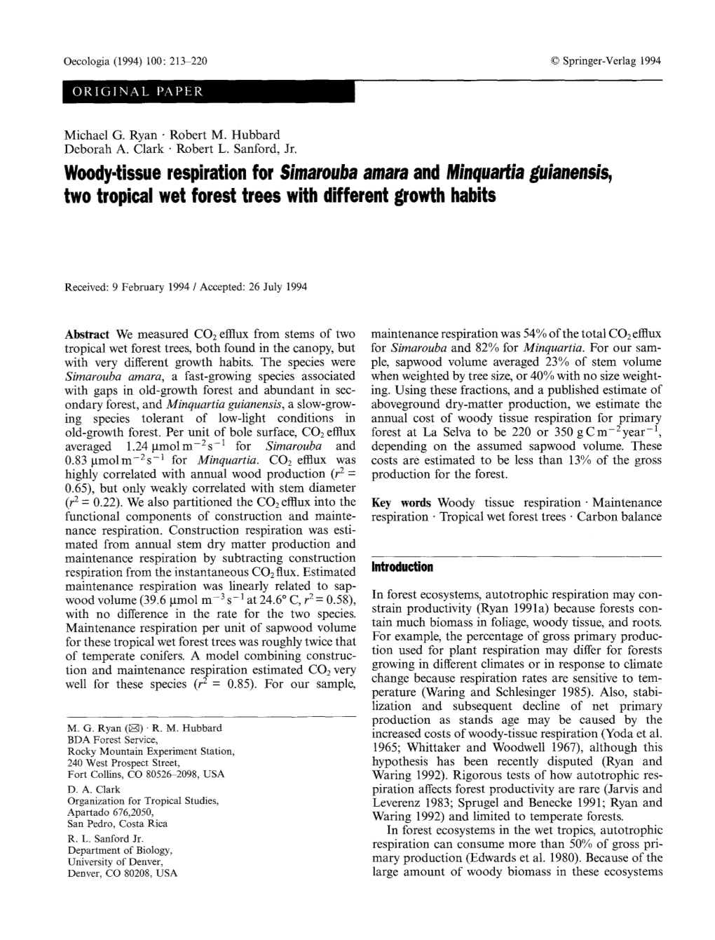 Woody-Tissue Respiration for Simarouba Amara and Minquartia Guianensis, Two Tropical Wet Forest Trees with Different Growth Habits