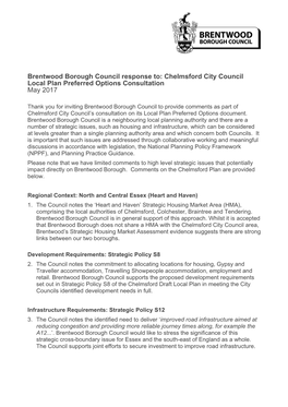Brentwood Borough Council Response To: Chelmsford City Council Local Plan Preferred Options Consultation May 2017