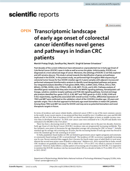 Transcriptomic Landscape of Early Age Onset of Colorectal Cancer Identifies