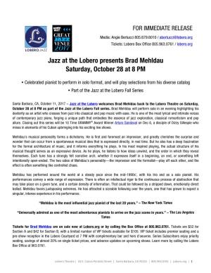 Jazz at the Lobero Presents Brad Mehldau Saturday, October 28 at 8 PM