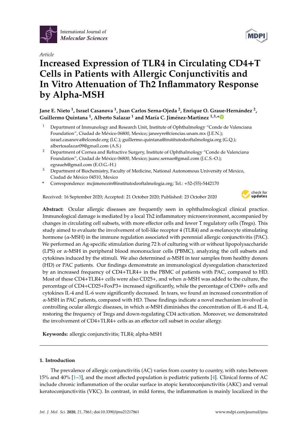 Increased Expression of TLR4 in Circulating CD4+T Cells in Patients with Allergic Conjunctivitis and in Vitro Attenuation of Th2 Inﬂammatory Response by Alpha-MSH