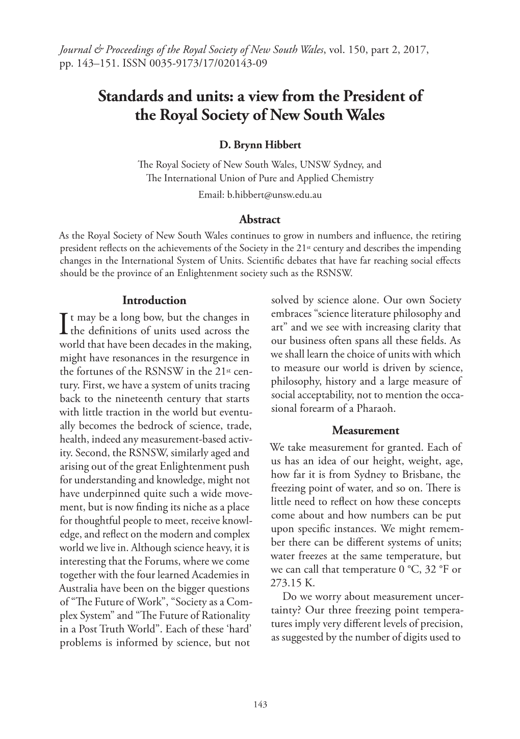 Standards and Units: a View from the President of the Royal Society of New South Wales