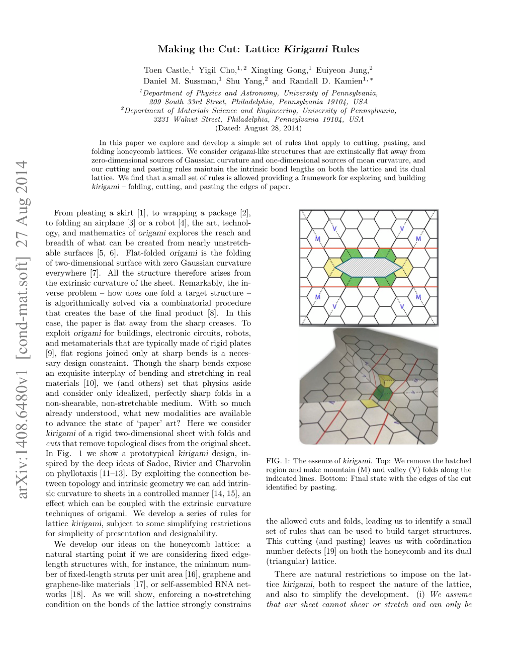 Arxiv:1408.6480V1 [Cond-Mat.Soft] 27 Aug 2014 Eﬀect Which Can Be Coupled with the Extrinsic Curvature Techniques of Origami