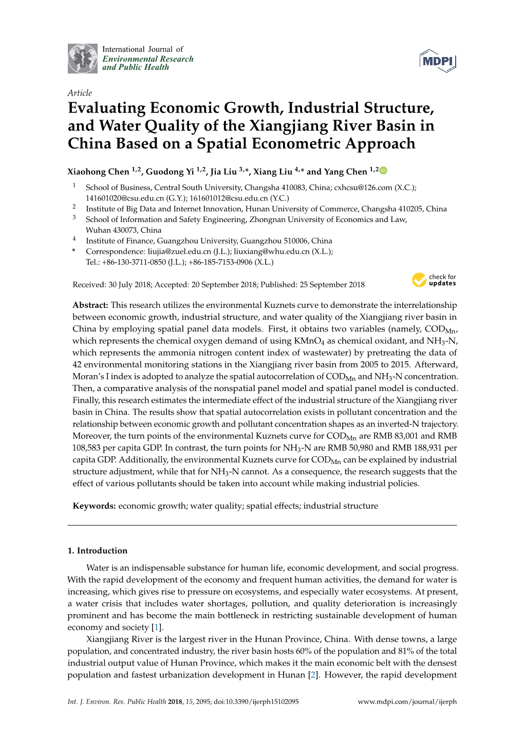 Evaluating Economic Growth, Industrial Structure, and Water Quality of the Xiangjiang River Basin in China Based on a Spatial Econometric Approach