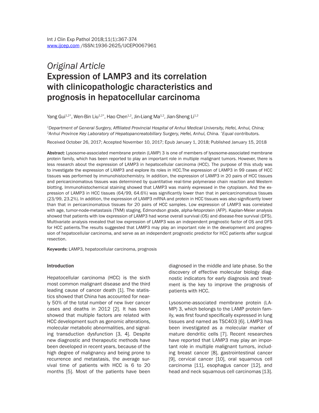 Original Article Expression of LAMP3 and Its Correlation with Clinicopathologic Characteristics and Prognosis in Hepatocellular Carcinoma