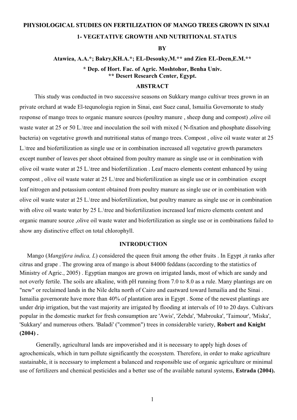 Physiological Studies on Fertilization of Mango Trees Grown in Sinai