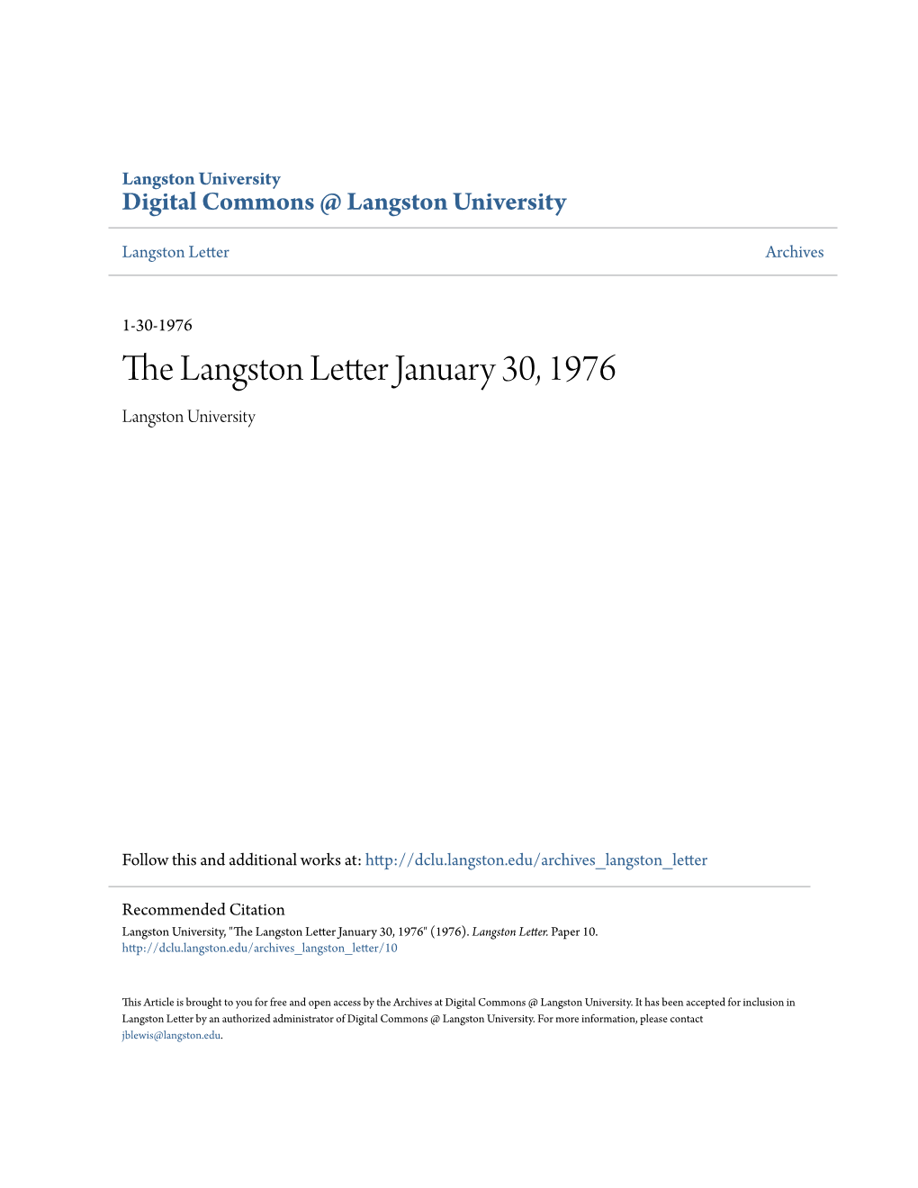 The Langston Letter January 30, 1976 Langston University