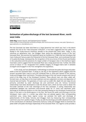 Estimation of Paleo-Discharge of the Lost Saraswati River, North West India