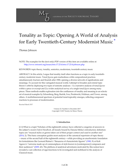 Tonality As Topic: Opening a World of Analysis for Early Twentieth-Century Modernist Music *
