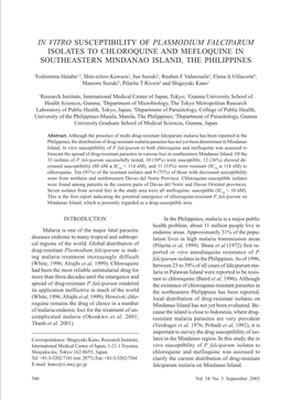 In Vitro Susceptibility of Plasmodium Falciparum Isolates to Chloroquine and Mefloquine in Southeastern Mindanao Island, the Philippines