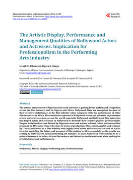 The Artistic Display, Performance and Management Qualities of Nollywood Actors and Actresses: Implication for Professionalism in the Performing Arts Industry