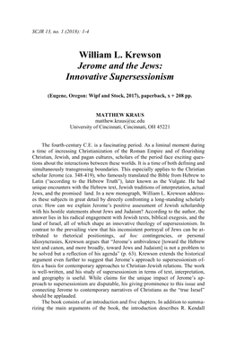 William L. Krewson Jerome and the Jews: Innovative Supersessionism