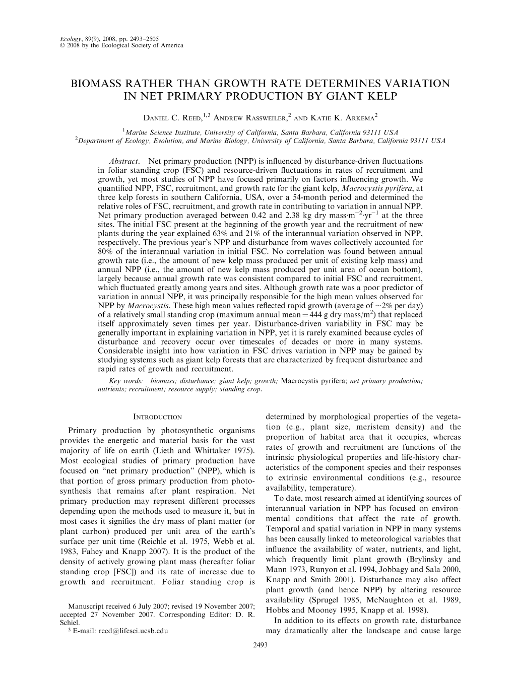 Biomass Rather Than Growth Rate Determines Variation in Net Primary Production by Giant Kelp