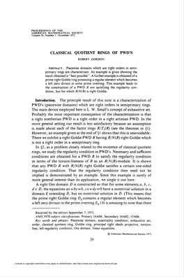 Classical Quotient Rings of Pwd's Robert Gordon