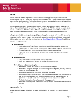 Kellogg Company Palm Oil Commitment January 2016