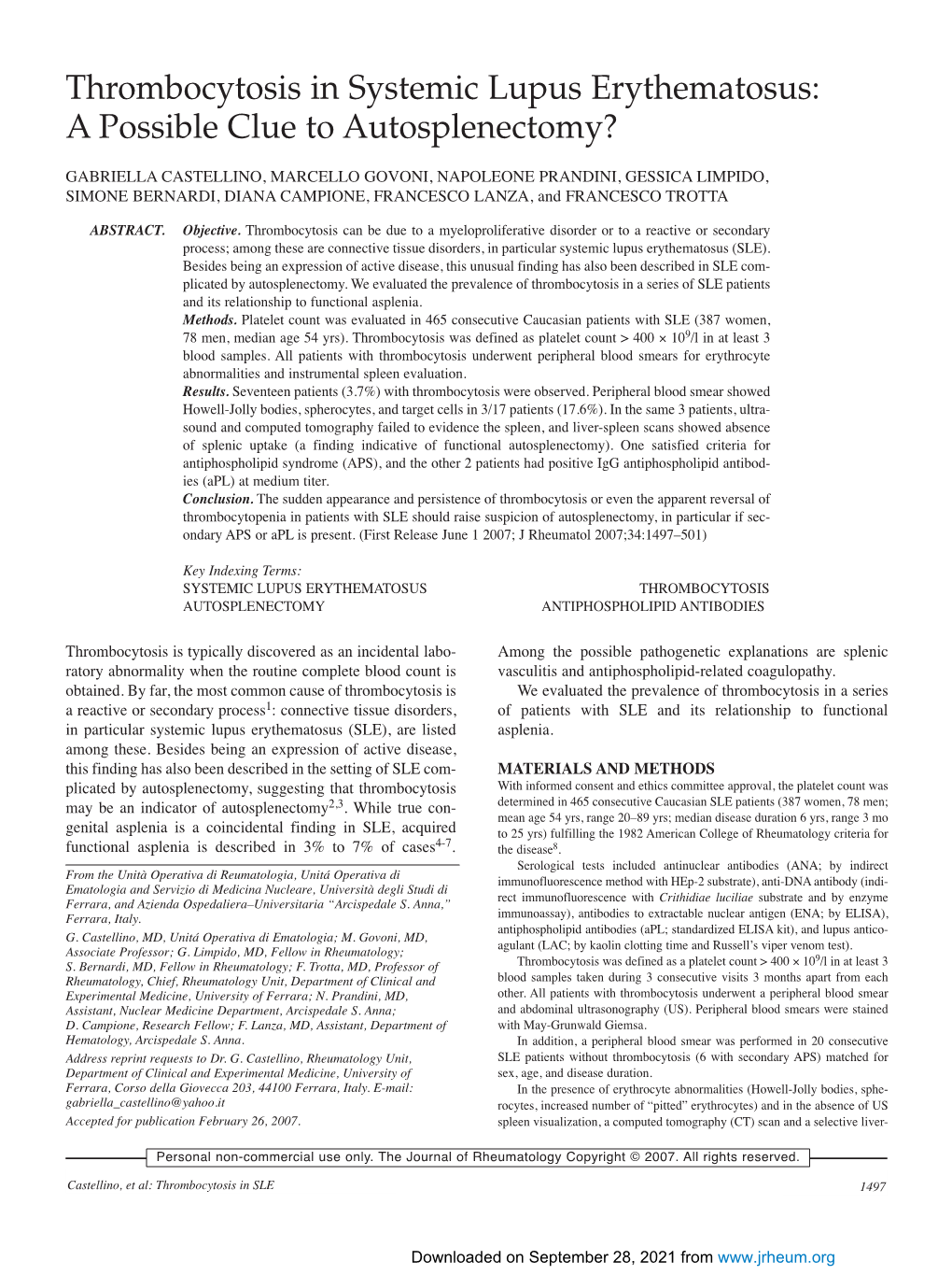 Thrombocytosis in Systemic Lupus Erythematosus: a Possible Clue to Autosplenectomy?