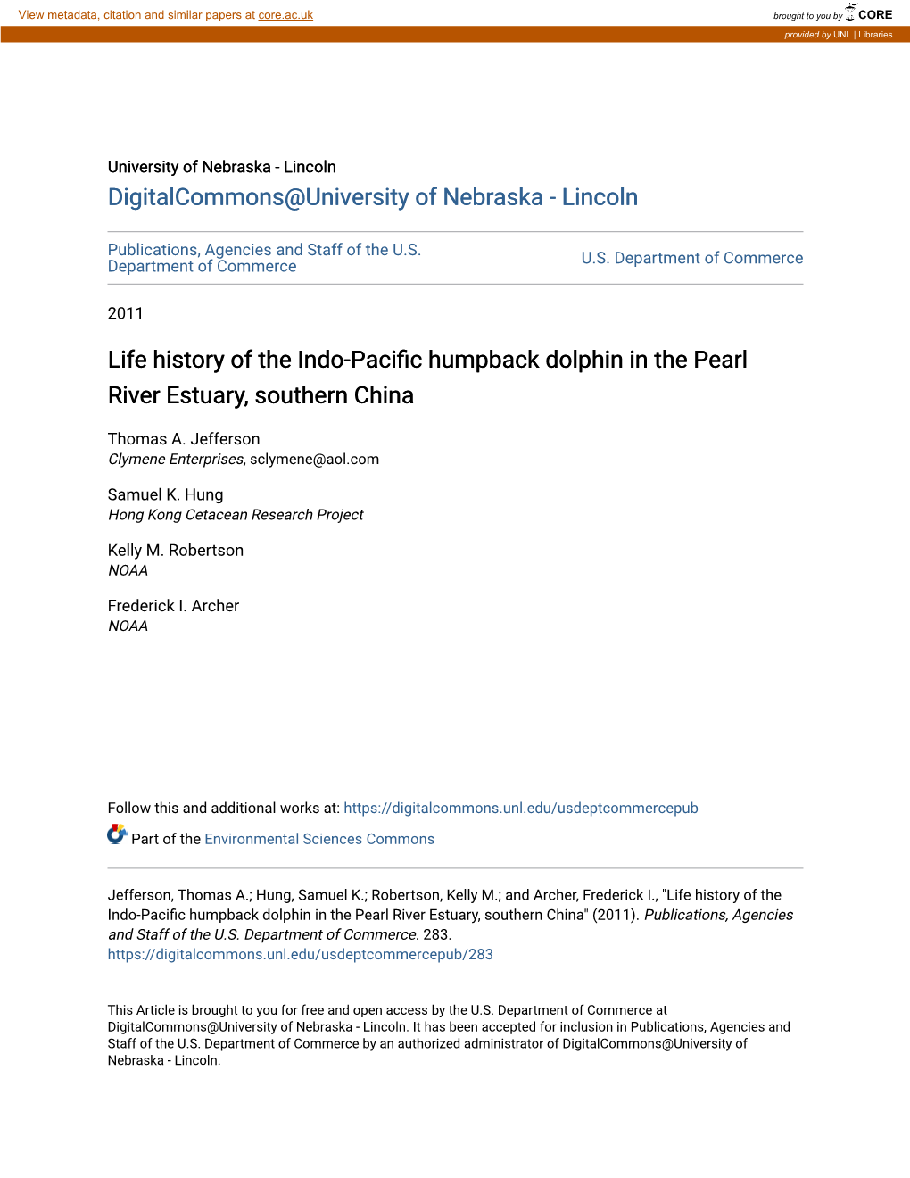 Life History of the Indo-Pacific Humpback Dolphin in the Pearl