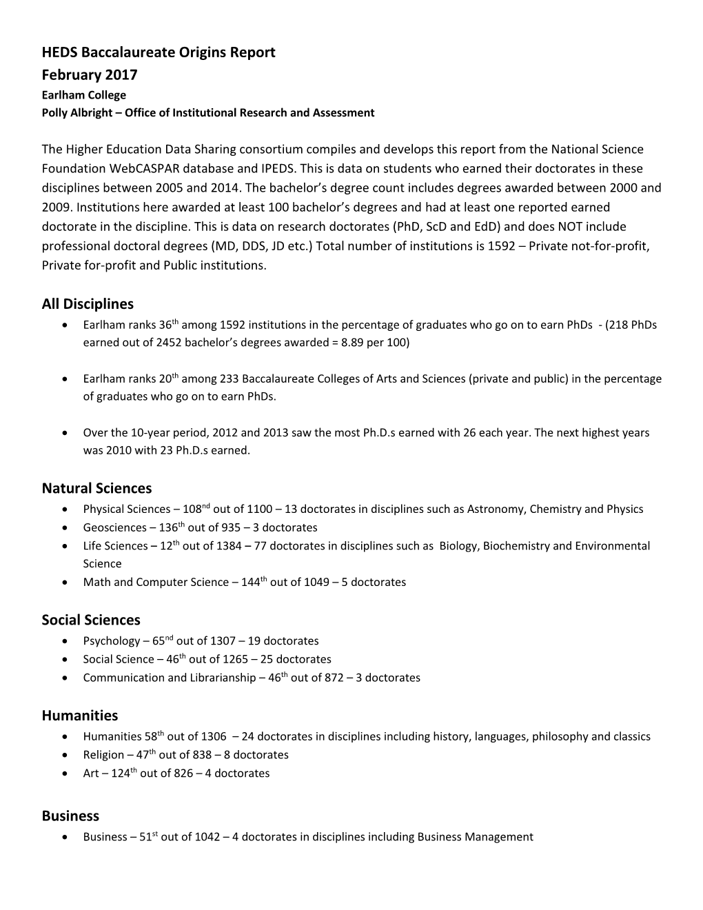 HEDS Baccalaureate Origins Report February 2017 All Disciplines Natural Sciences Social Sciences Humanities Business