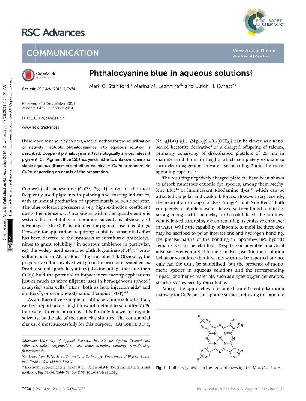 Phthalocyanine Blue in Aqueous Solutions†