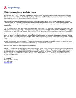 SDG&E Joins Settlement with Duke Energy