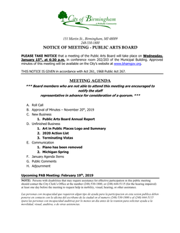 Public Arts Board Meeting Agenda