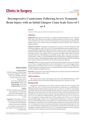Decompressive Craniectomy Following Severe Traumatic Brain Injury with an Initial Glasgow Coma Scale Score of 3 Or 4