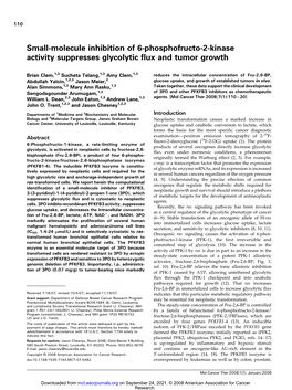 Small-Molecule Inhibition of 6-Phosphofructo-2-Kinase Activity Suppresses Glycolytic Flux and Tumor Growth